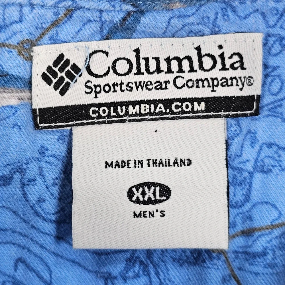 Vintage 2005 Columbia Nautical Map Fish‎ Print Shirt Men's XXL Blue Viscose Y2K